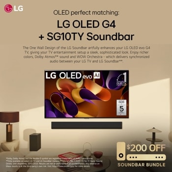 OLED perfect matching: LG OLED G4 + SG10TY Soundbar
The One Wall Design of the LG Soundbar artfully enhances your LG OLED evo G4 TV, giving your TV entertainment setup a sleek, sophisticated look. Enjoy richer colors, Dolby Atmos(RM)* sound and WOW Orchestra - which delivers synchronized audio between your LG TV and LG Soundbar**.
*Dolby, Dolby Atmos and the double-D symbol are registered trademarks of Dolby Laboratories. **Only available on select LG TV and LG Soundbar models. ***World's No. 1 OLED TV for 11 Years. Source: Omdia. Unit shipments, 2013-2023. Results are not an endorsement of LG Electronics. Any reliance on these results is at the third-party's own risk. Visit https://www.omdia.com/ for more details.