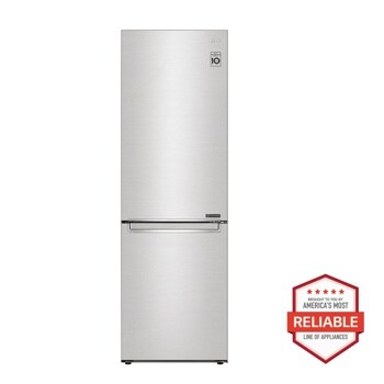 Front view of the 12 cu. ft. Bottom Freezer Counter-Depth Refrigerator - LRBCC1204S. Includes a graphic logo that says, Brought to you by America’s Most Reliable Line of Appliances.