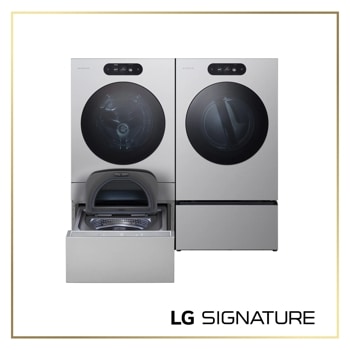 LG SIGNATURE WM9900HSA_DLGX9901S_WD405CS_WDP8S laundry package with front load washer, gas dryer, pedestal washer, and sidekick pedestal in graphite steel finish1
