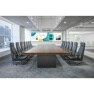 Modern conference room with a long table, surrounded by chairs, a large screen, and a window view of skyscrapers.