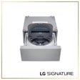 LG WD405CS Washer with door open showing drum interior and pedestal drawer