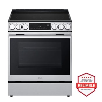 LG LSEL6335LE Electric Range with smooth cooktop, digital display showing 235, control knobs, and Americas Most Reliable badge - Front View1