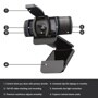 Logitech 960001257 webcam infographic showing six key features: privacy shutter, HD video, autofocus, universal clip, low light correction, and stereo audio