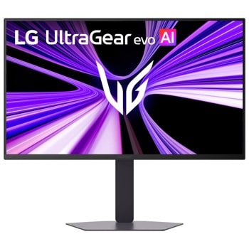 LG 27GM950B-B UltraGear evo AI Monitor with purple and white dynamic graphics on screen - Front View
