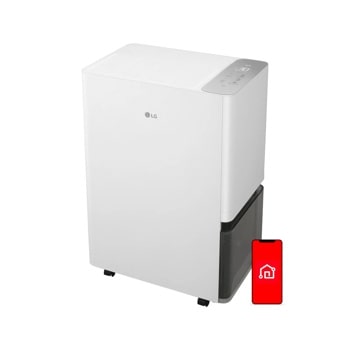 LG DT501BWR0 Dehumidifier with top-mounted control panel, dark water tank, and smartphone with smart home app icon1