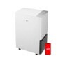 LG DT501BWR0 Dehumidifier with top-mounted control panel, dark water tank, and smartphone with smart home app icon