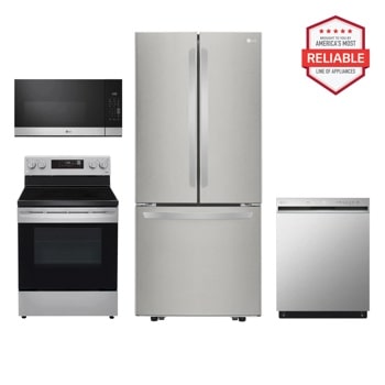 LG Kitchen Package with LFCS22520S refrigerator, LREL6321S range, MVEM1621Y microwave, LDFN3432T dishwasher, America's Most Reliable badge Front View1
