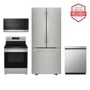 LG Kitchen Package with LFCS22520S refrigerator, LREL6321S range, MVEM1621Y microwave, LDFN3432T dishwasher, America's Most Reliable badge Front View
