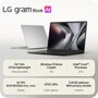 LG gram Book AI 14U40V-G.AA65U1 Laptop infographic showing ultra-portable design with 0.6 inch thin 2.9 lbs lightweight build Windows 11 Home Copilot OS Intel Core Processor CPU 14 inch IPS 16:10 WUXGA 1920 x 1200 Display NTSC 45% Color gamut Full HD webcam With privacy shutter Camera