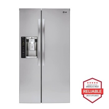 Front view of the 26 cu. ft. 36-inch Wide Side-By-Side Refrigerator - Stainless Steel - LSXS26326S. Includes a graphic logo that says, Brought to you by America’s Most Reliable Line of Appliances.
