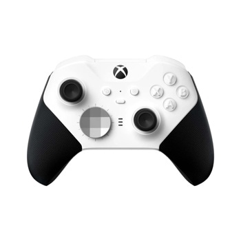 Xbox Elite Wireless Controller 4IK00001 with white body, black textured grips, dual analog sticks, and customizable center button - Front View