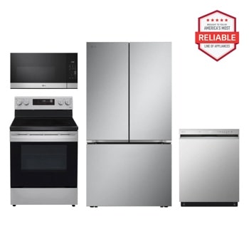 27 cu. ft. Smart Counter-Depth MAX™ French Door Pocket Handle Refrigerator with Freestanding Electric Range, Front Control Dishwasher and Microwave Kitchen Package in Stainless Steel LRFLC2716S_LREL6321S_MVEM1621Y_LDFN3432T1