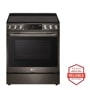 Front view of the 6.3 cu ft. Smart wi-fi Enabled ProBake Convection® InstaView® Electric Slide-In Range with Air Fry - LSEL6335D. Includes a graphic logo that says, Brought to you by America’s Most Reliable Line of Appliances.
