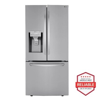 Front view of the 25 cu. ft. Smart wi-Fi Enabled French Door Refrigerator - LRFXS2503S. Includes a graphic logo that says, Brought to you by America’s Most Reliable Line of Appliances.