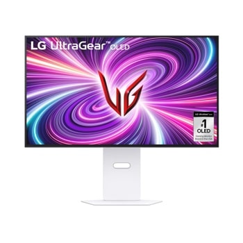 LG 32GS95UV-W 32-Inch UltraGear OLED Gaming Monitor with vibrant purple swirl display and white stand - Front View1