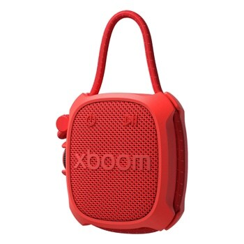LG xboom ROCK_CNOALRE portable speaker in bright red with fabric mesh grille, carrying handle and control buttons