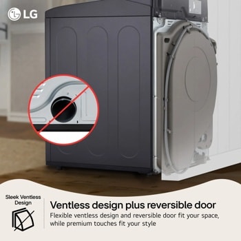 LG DLHC8402B Dryer infographic showing sleek ventless design with reversible door and flexible installation options