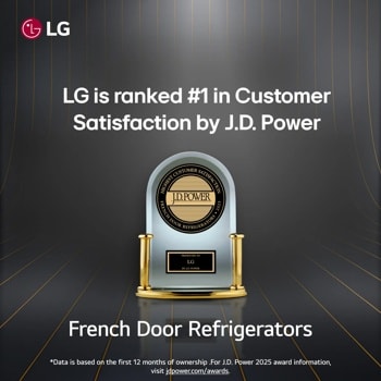 On a black background, JD Power trophy for LG French Door Refrigerator.
