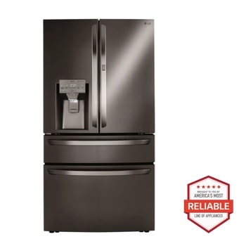 Front view of the 30 cu. ft. Smart Refrigerator with Craft Ice™ - LRMDS3006D. Includes a graphic logo that says, Brought to you by America’s Most Reliable Line of Appliances.
