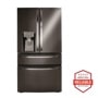 Front view of the 30 cu. ft. Smart Refrigerator with Craft Ice™ - LRMDS3006D. Includes a graphic logo that says, Brought to you by America’s Most Reliable Line of Appliances.
