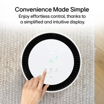 LG AS351GW30 Air Purifier with simplified control panel showing Air Quality indicator and finger touching Speed button - Top View