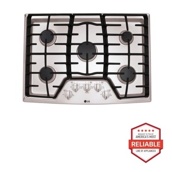 Front view of the 30” Gas Cooktop with SuperBoil™ - LCG3011ST. Includes a graphic logo that says, Brought to you by America’s Most Reliable Line of Appliances.