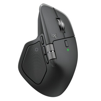 Logitech 910007616 wireless ergonomic mouse with scroll wheel, side buttons, textured grip, and green indicator light