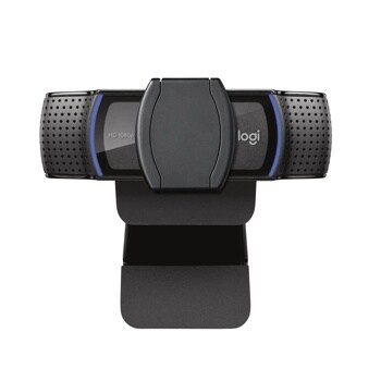 Logitech 960001257 HD 1080p webcam with perforated sides and blue accent light - Front View
