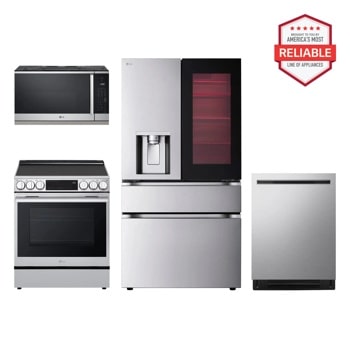 LG LF29S8365S_LSEL6335XE_MVEL2125X_LDNPM654S kitchen appliance package with America's Most Reliable badge Front View