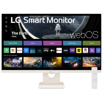 LG 27U511SA-W Smart Monitor with webOS interface displaying streaming apps and remote control - Front View1