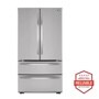 Front view of the 27 cu. ft. French Door Refrigerator - LMWS27626S. Includes a graphic logo that says, Brought to you by America’s Most Reliable Line of Appliances.
