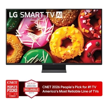 LG Smart TV 27LB7000PUA displaying colorful donuts with CNET 2026 People's Pick for #1 TV America's Most Reliable Line of TVs badge1