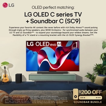 OLED perfect matching: LG OLED C series TV + Soundbar C (SC9) Experience your favorite 4K content like never before with rich Dolby Atmos(TR)* sound pulsing through triple up-firing speakers, plus WOW Orchestra - for synchronized audio between your LG TV and LG Soundbar** - to expand your soundstage beyond your wildest dreams. Get the flexibility of a TV stand or a mounting bracket with the LG OLED Synergy Bracket***. *Dolby, Dolby Atmos and the double-D symbol are registered trademarks of Dolby Laboratories. **Only available on select LG TV and LG Soundbar models. ***Includes an exclusive bracket to be used as a TV stand or mount. Compatible with 55", 65", and 77" OLED evo C2, C3 & C4 models. ****World's No. 1 OLED TV for 11 Years. Source: Omdia. Unit shipments, 2013-2023. Results are not an endorsement of LG Electronics. Any reliance on these results is at the third-party's own risk. Visit https://www.omdia.com/ for more details.