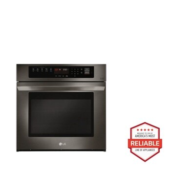 Front view of the 4.7 cu. ft. Single Built-In Wall Oven - LWS3063BD. Includes a graphic logo that says, Brought to you by America’s Most Reliable Line of Appliances.