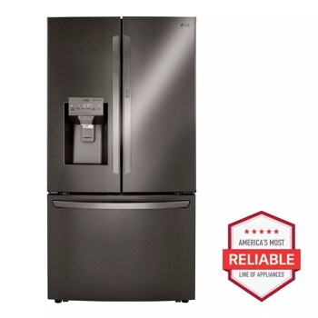 Front view of the 30 cu. ft. Smart wi-fi Enabled Door-in-Door® Refrigerator with Craft Ice™ Maker - LRFDS3016D. Includes a graphic logo that says, Brought to you by America’s Most Reliable Line of Appliances.