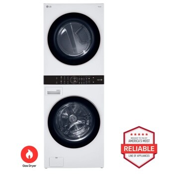 LG WKG101HWA Gas Dryer Stacked with Washer Front View with Gas Dryer and Americas Most Reliable Line of Appliances Badges