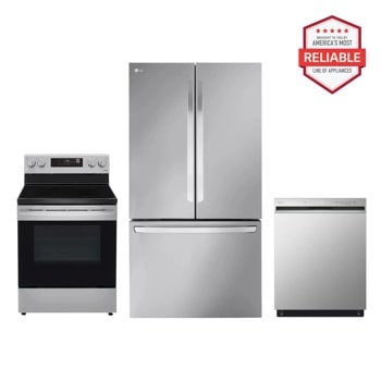 LG LRFLC2706S LREL6321S LDFN3432T kitchen package with stove, refrigerator, and dishwasher, America's Most Reliable line of appliances Front View1