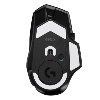 Logitech G502 X 910006160 gaming mouse with black and white design showing bottom view with sensor and G logo