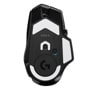 Logitech G502 X 910006160 gaming mouse with black and white design showing bottom view with sensor and G logo