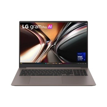 LG Gram 17Z90UR-P_AU99U3 17-Inch laptop with Pro AI display showing abstract design, Intel Core Ultra 9 processor, and full keyboard - Front View