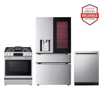LG LF29S8365S LSGL6335X LDNPM654S kitchen package with gas range, refrigerator, and dishwasher, America's Most Reliable line of appliances Front View1