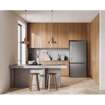 LG LB26H2200D Bottom Freezer Refrigerator in modern kitchen with wooden cabinetry and concrete countertops - Lifestyle Setting