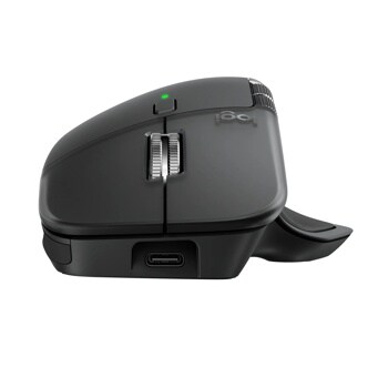 Logitech 910007616 wireless mouse with ergonomic design featuring scroll wheel, green indicator light, and USB-C charging port - Side View