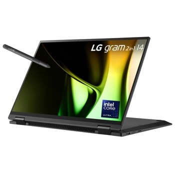 LG Gram 14T90S-G-ADB9U1 2-in-1 14-Inch Laptop with stylus pen in tent mode showing green abstract display and Intel Core Ultra badge