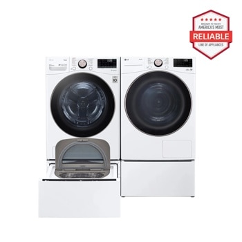 5.0 cu. ft. Front Load Washer and 7.8 cu. ft. Heat Pump Ventless Dryer with pedestal washer and drawer Laundry Set in White WM4000HWA_DLHC4002W_WD300CW_WDP6W