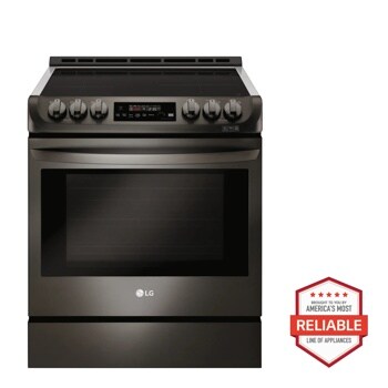Front view of the 6.3 cu. ft. Smart wi-fi Enabled Induction Slide-in Range with ProBake Convection® and EasyClean® - LSE4616BD. Includes a graphic logo that says, Brought to you by America’s Most Reliable Line of Appliances.