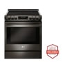Front view of the 6.3 cu. ft. Smart wi-fi Enabled Induction Slide-in Range with ProBake Convection® and EasyClean® - LSE4616BD. Includes a graphic logo that says, Brought to you by America’s Most Reliable Line of Appliances.