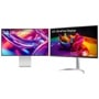 LG 32U990A-S and 32UP83AK-W UltraFine Monitors with vibrant displays on adjustable stands