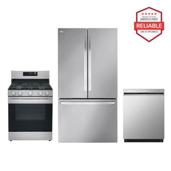 LG LRFLC2706S LRGL5821S LDFN3432T kitchen package with stove, refrigerator, and dishwasher, America's Most Reliable line of appliances Front View1