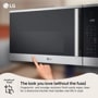 LG MVEL2035Z Over-the-Range Microwave with PrintProof Finish infographic showing fingerprint-resistant surface with hand touching stainless steel front